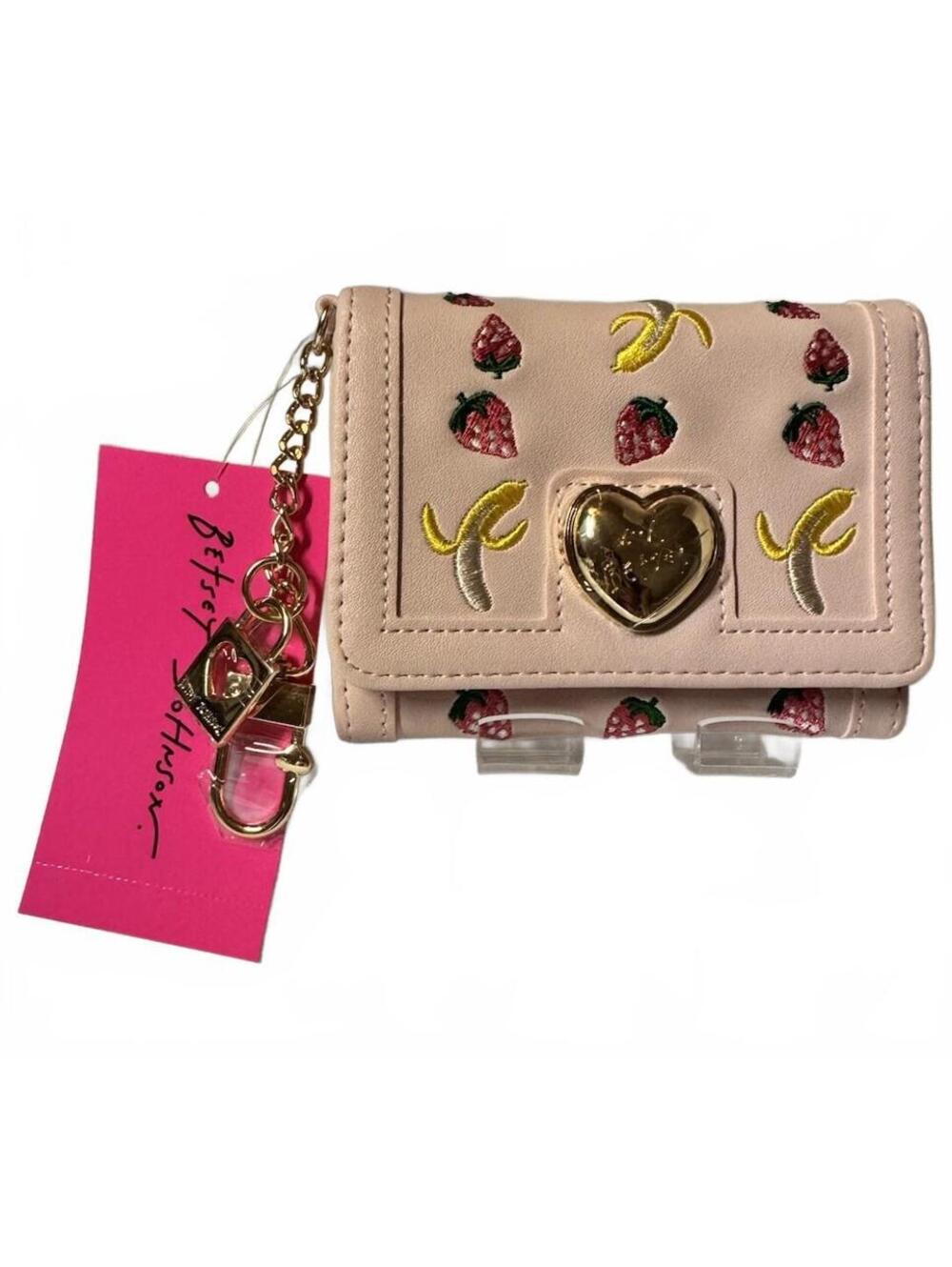 Betsey Johnson Pink Fruit Embroidered Trifold Wallet with Keychain, NWT!
